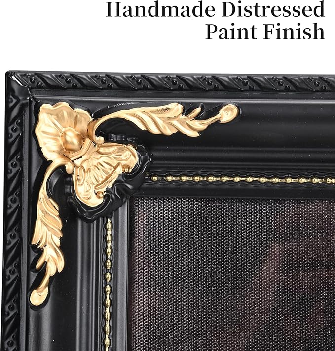 8x10 Vintage Picture Frame with Real Glass - Black Solid Wood Frame with Gold Embossed Flower, Ornate Wooden Photo Frame for Wall Mount & Tabletop Display
