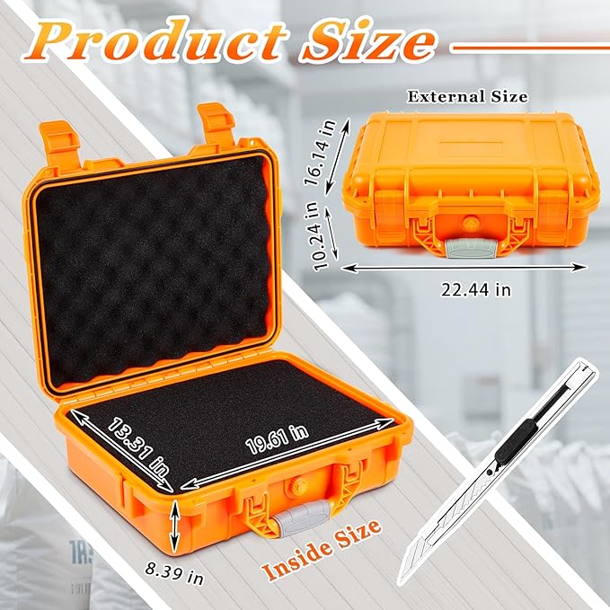 Relaxweex 1 Pcs 22.4 x 16.1 x 10.2 Inch Waterproof Hard Case with DIY Customizable Foam Insert Portable Protective Case with Knife for Camera Drones Equipments Tools Test Instruments (Orange)