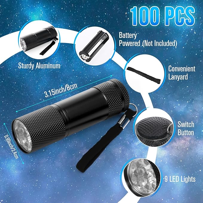 VIHOSE 100 Pcs Mini Flashlights Bulk Valentines Classroom Gifts Flashlight Aluminum LED Handheld Torches for Party Favors Night Reading Camping Emergency Gifts, Batteries Not Included(Black)