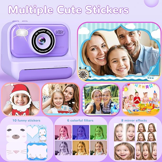Instant Print Camera for Kids, Valentine‘s Day Present Birthday Gifts for 3 4 5 6 7 8 9 10 Year Old Girls and Boys, 1080P Digital Camera with 2.4 Inch Screen, Portable Toddler Travel Toys, Purple