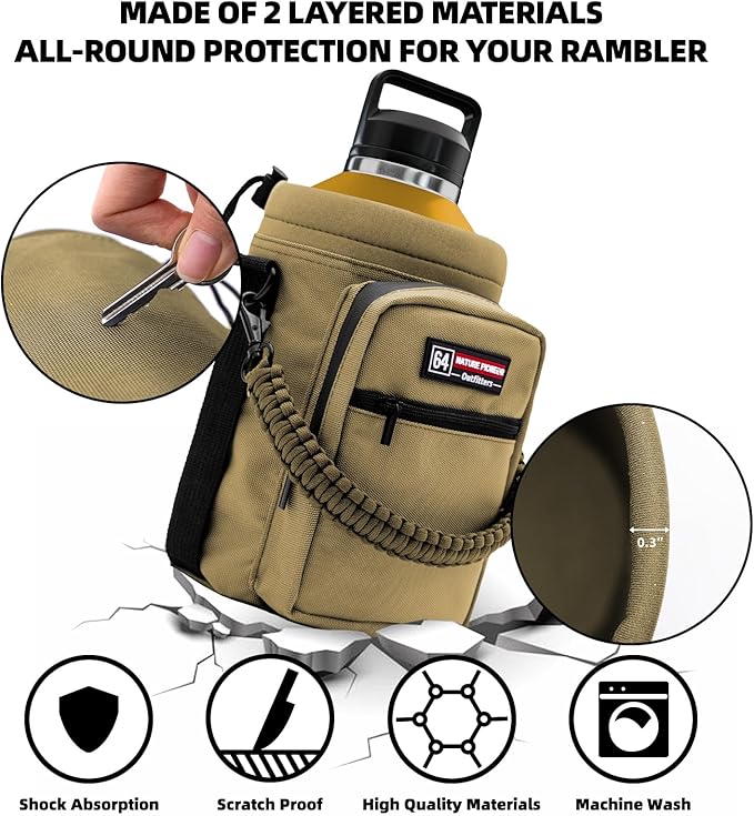 NATURE PIONEOR Water Bottle Holder with Adjustable Strap - Half/One Gallon (64/128oz) Insulated Water Bottle Sling Carrier with Phone Pocket & Paracord Handle, Outdoor Camping, Hiking, Gym