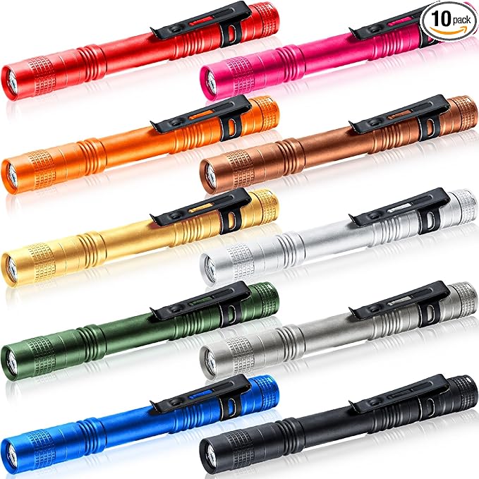 Hortsun 10 Pcs Mini Flashlight Bulk LED Pen with Pocket Small Flashlight with Clip for Outdoor Father's Day Gift for Men(5.12 Inch,Bright Color)