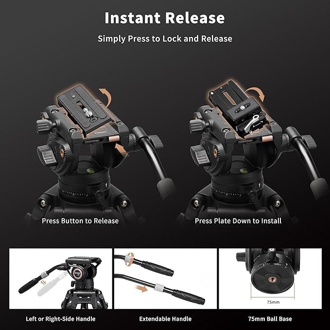 Cayer K6 Fluid Head, Metal Camera Tripod Head with Adjustable Pan Handle, Heavy Duty Video Tripod Pan Tilt Head for Video Cameras, DSLR Cameras, Telescope,Tripod, Monopod, up to 17.6 lbs