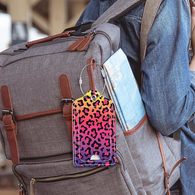 Luggage Tags for Suitcase, 2 Pack PU Leather Travel Cruise Luggage Tag with Privacy Flap, Name ID Label and Metal Loop for Women Men Girls Suitcase Baggage Bag Backpack, Colorful Leopard