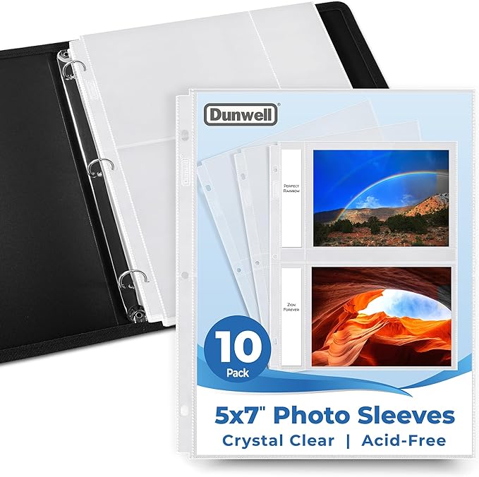 Dunwell 5x7 Photo Sleeves for 3-Ring Binder, (10 Pack) for 40 Pictures, Each Sheet Protector Holds Four 5 x 7 Pictures or Postcards, Acid-Free Poly Plastic Photo Album Refill Pages