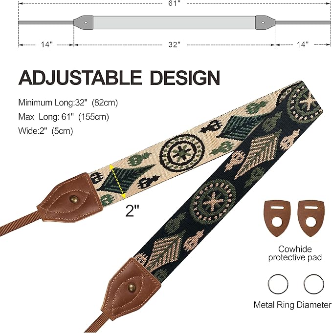 Padwa Lifestyle 2" Wide Classic Crazy Horse Art Cowhide Head Camera Strap - Jacquard Embroidery Floral Vintage Camera Straps for Photographers Gift, Adjustable Shoulder Neck Strap Fits DSLR Cameras