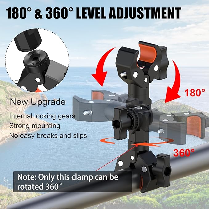 Double Clamp Mount Bracket Magic Arm with 1/4" Screw Interface, Double Super Camera Umbrella Clamp for Chair, Strollers, Photo Studio Light Stand, Motorcycle, Poles, Photography Reflector, Flag