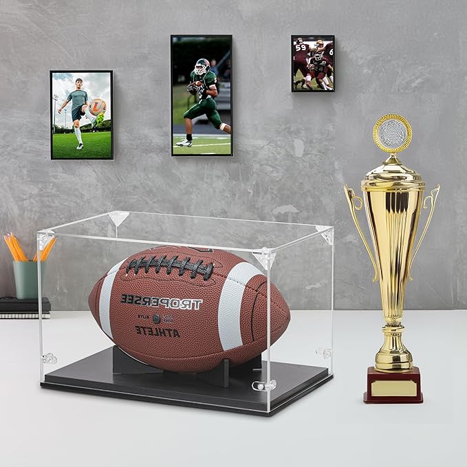 Football Display Case, Thickened UV Protection Clear Acrylic Lid Football Holder, Wood Football Base Stand Football Cases for Signed Football Full Size