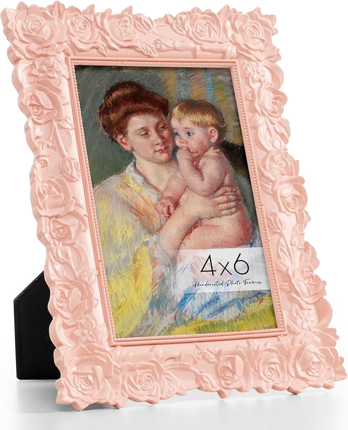 Axeman Antique Pink Picture Frames 4x6 | 4 x 6 Vintage Picture Frame with Real Glass | Ornate Rose 4x6 Photo Frame for Wall & Tabletop Display | Pink 4x6 Frame