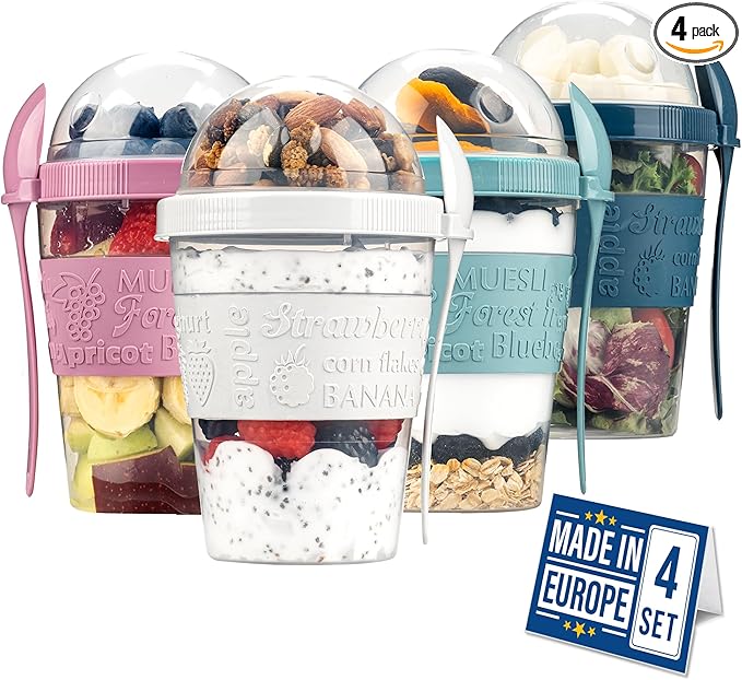 Crystalia 4 Pack 20 oz On The Go Yogurt Parfait Cups with Lids & Spoons, Reusable Yogurt Containers, Take and Go Cup with Topping Cereal or Oatmeal Container, New Colorful Set