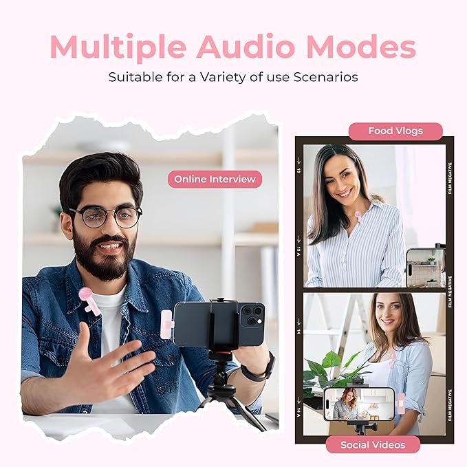 Wireless Lavalier Microphone 2-Pack – Compatible with iPhone, iPad, iOS, Android – Mini Mics with USB-C, Noise Reduction Lapel Mic for Video Recording, Vlogging, YouTube, TikTok (Pink)