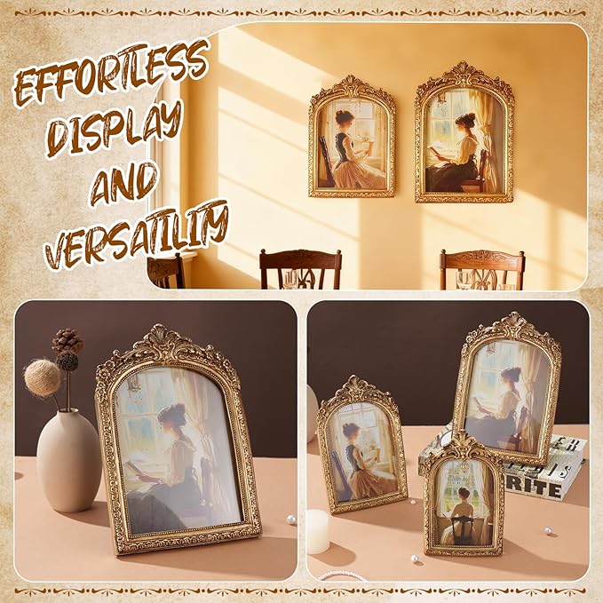 3 PCS Vintage Picture Frames 4x6, 5x7, 6x8 Inch Wall & Tabletop Picture Frames Antique Baroque Ornate Gold Arched Photo Frame Set with Stand and Haning Hook for Home Decor Photography Props Gifts