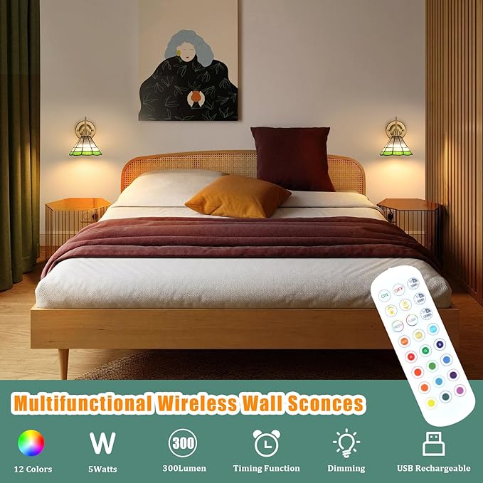 Vintage Battery Operated Wall Sconce Set of 2 with Remote, RGB LED Wall Lamp 12 Colors Dimmable, Brass Lights Fixture for Bedroom Living Room Hallway Green Multilayer Petal