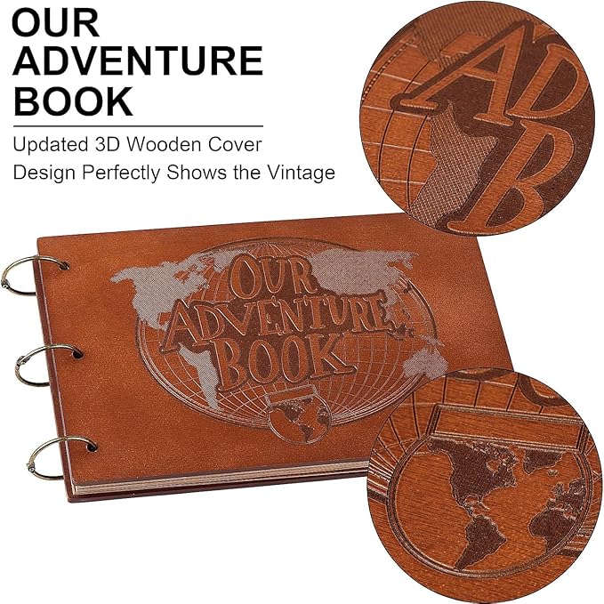 Adventure Book 3D Wooden Cover Scrapbook Photo Album 11.92 x 7.62"Timeless Memory Journal for Unforgettable Adventures&Precious Moments-Ideal for Anniversaries,Travel&Couple Gifts (3D Wooden Letter)