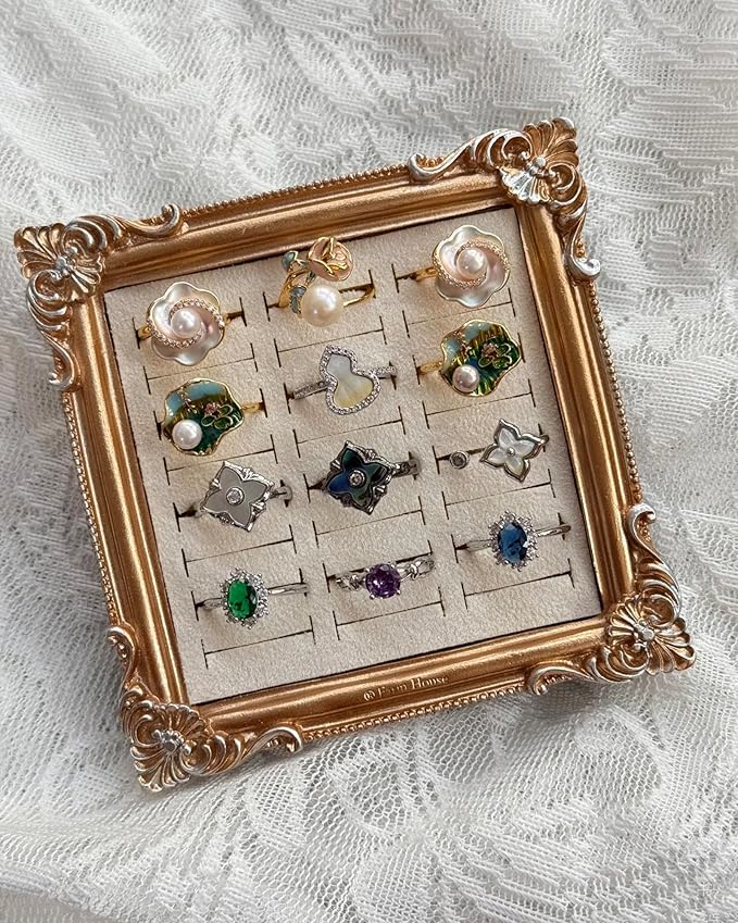 Jewelry Display Stand Vintage Ring Holder Box Earring Tray Retro Picture Frame Style Ring OrganizerJewelry Frame with Velvet