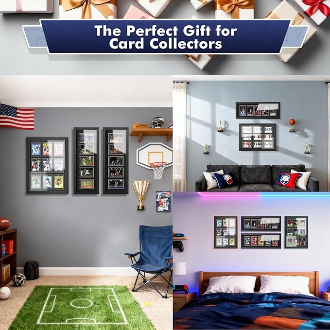 Baseball Card Display Case, Wall Mount Trading Card Display Frame for 5 Standard Cards with UV Protection Magnetic Card Holder, Sports Display Cases for Football Basketball Hockey Card Collection