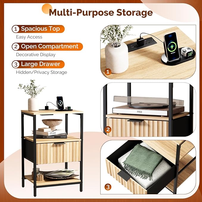 Bonnlo Fluted Nightstand with Charging Station, End Table with Fabric Drawer, Night Stand with Storage Shelf & Handle, Fluted Side Table for Bedroom/Living Room, Oak