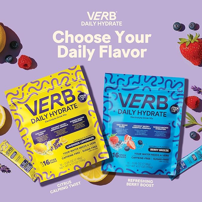 Verb Daily Hydrate Sugar Free Electrolyte Drink Mix - Lavender Lemonade, Zero Sugar Instant Hydration Packets for Daily Use, Essential Electrolytes Powder for Rehydration, Dehydration Relief, 12 Pack