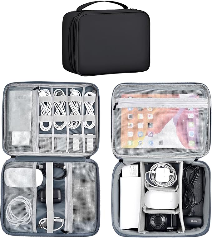 Large Capacity Electronics Accessories Organizer Travel Case with Adjustable Divider Waterproof Leather Cord Shockproof Tech Organizer Bag (Black, Double Layer-Large)