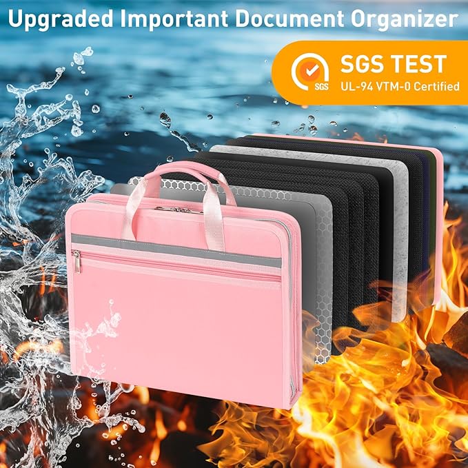 5200℉ Fireproof Document Organizer with 13 Accordion Expanding File Folder, Aluminum Foil Zipper Binder with 30 A4/Letter Sheet Protector, Binder for School Office Home Storage (Pink)