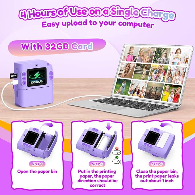 Kids Camera Gift for Girls: Selfie Digital Instant Print Cameras HD Toys for Kids Teen Girls Boys Ages 3 4 5 6 7 8 9 10 12 Birthday Christmas Valentines Easter Gifts with 32G SD Card Purple