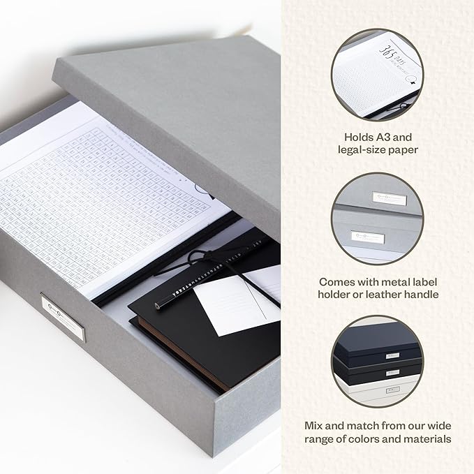 Bigso Sverker Fiberboard Legal and Art Storage Box | Scrapbook Storage Box for Loose Papers and More | Durable Document Boxes with Lid and Metal Label Holder | 17.1’’ x 12.2’’ x 3.3’’ | Grey