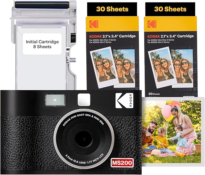 KODAK Mini Shot 2 ERA 4PASS 2-in-1 Instant Camera and Photo Printer (Black, Camera + Initial 8 Sheets + 60 Sheets)
