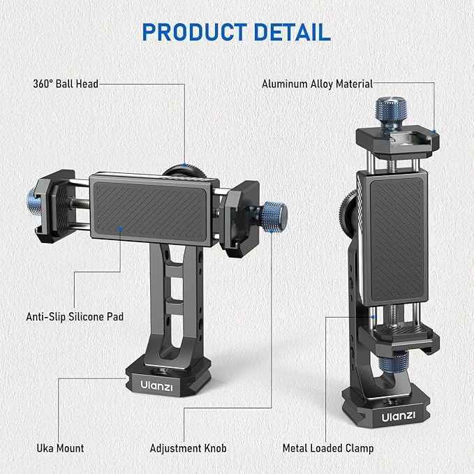 Ulanzi MA53 Metal Tripod Phone Mount, Smartphone Tripods Adapter with Arca Swiss/Uka Port, 2 Cold Shoe, 360° Cellphone Tripod Mount, for iPhone 17 Samsung Holder for Photo Video Vlogging Rig