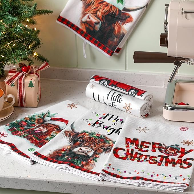 Preboun 6 Pcs Christmas Kitchen Towels Highland Cow Decorative Hand Towels Red Black Plaid Hello Winter Merry Christmas Dish Cloth Farmhouse Tea Cloth Kitchen Accessories Bathroom Decor