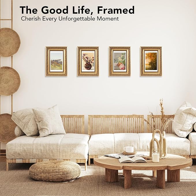 4x6 Vintage Picture Frame with 3.5x5 Mat Set of 2, Elegant Retro 4 by 6 Photo Frame with Shatter-Resistant Plexiglass for Wall or Tabletop Display, Gallery Decor & Gift, Gold, 2 Pack