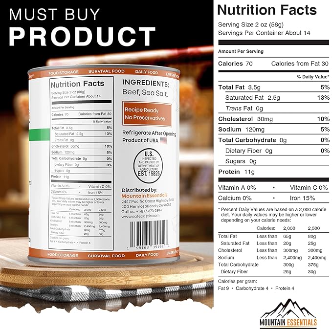 MOUNTAIN ESSENTIALS All Natural Canned Beef 28 Oz – Fully Cooked, Ready to Eat, Gluten Free – Canned Meat for Daily Use, Emergency, Survival & Camping – 5-Year Shelf Life – Made in USA – Pack of 6