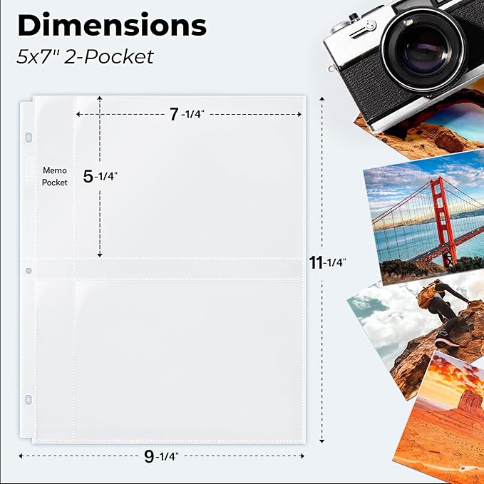 Dunwell 5x7 Photo Sleeves for 3-Ring Binder, (10 Pack) for 40 Pictures, Each Sheet Protector Holds Four 5 x 7 Pictures or Postcards, Acid-Free Poly Plastic Photo Album Refill Pages