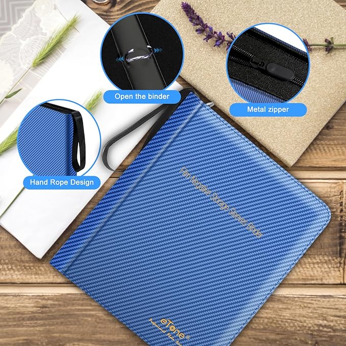eTone Film Negative Storage Album, Black PU Leather, 50 35mm Acid-Free Sleeves, Triple Ring Binder Box, 13.18x7.08x1.96 Inch (Blue)