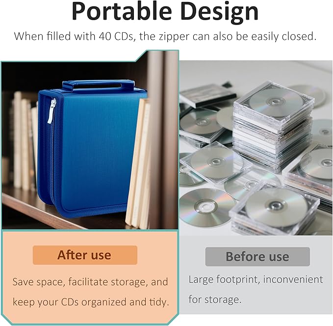 DVD Case CD Storage,40 Capacity CD Cases Holder DVD Storage Case Holders CD DVD Disc Case Storage Wallet Binder for Car Home Office Travel (40 Blue)