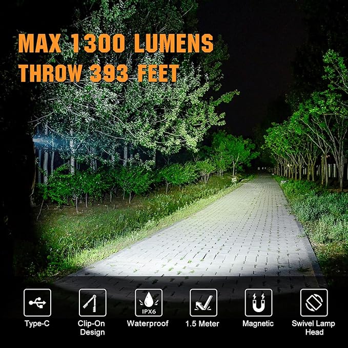 VTIGER C1 Rechargeable EDC Flashlight Clip-on Light, 1300 Lumens Powerful Portable Mini Swivel Clip Light,Multi-Mode,IPX6 Waterproof, Magnetic Small Pocket Lights for Cycling,Working,Emergency,Signal
