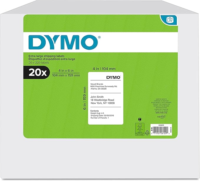 DYMO Authentic LW Extra-Large Shipping Labels for LabelWriter Label Printers, White, 4" x 6", 20 Rolls of 220 (4,400 Total)