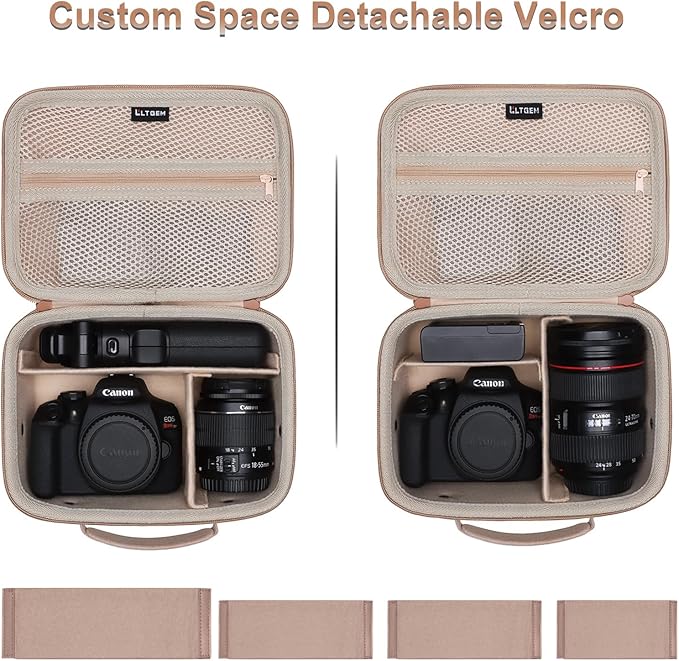 Camera Case Compatible with Canon EOS Rebel T7/R50/R6 Mark II/R100/R50 V/T6/R8/R10/R5 Mark II/RP/R7/5D Mark IV/SL3/R5/T100 DSLR SLR Camera, Len and Tripod with 4 Dividers and Shoulder Strap, Beige