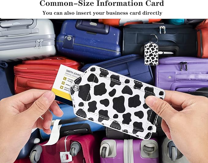 (Set of 2) Luggage Tag Leather Privacy Cover ID Label Address Card with Stainless Steel Loop, Travel Bag Tags Suitcase Labels,Cow