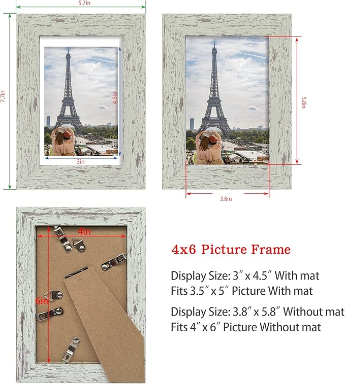 4x6 Picture Frame Set of 4, Made of Real Glass and Sage Green Wooden Frame, 4 by 6 Photo for Wall or Tabletop - Display Picture 3.5x5 with Mat or 4x6 Without Mat