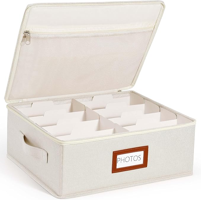 HULISEN Photo Storage Box with Lid & Dividers, Linen Photo Organizer for up to 2000 4x6 Pictures, Keepsake Memory Box with Side Handle for Family, Wedding & Baby Photos, Cards, Scrapbook