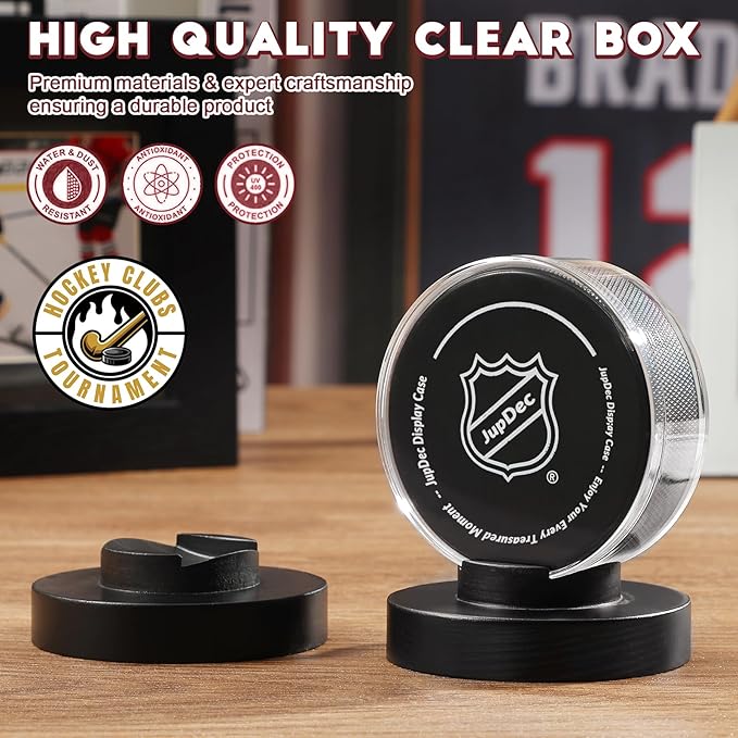 JupDec Hockey Puck Display Case Acrylic Clear Holder with Wood Base, Autograph Souvenir Display Stand, Perfect Showcase for Your Collection, Black, 1 Pack