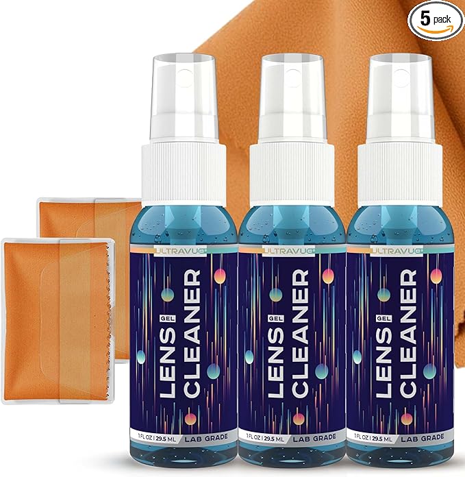 ULTRAVUE Eyeglass Gel Lens Cleaner Spray Kit - 3 x 1oz Gel Eyeglasses Cleaner Spray Bottle + 2 Microfiber Cloth for Cleaning - Safe for All Lenses (AR Coated Included), Eyeglasses and Screens