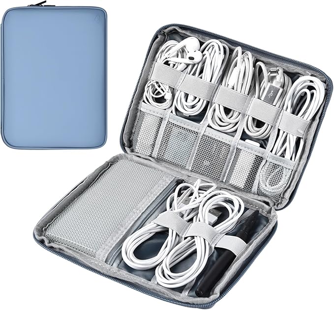 Leather Cord Organizer Travel Waterproof Travel Cable Organizer Bag Portable Tech Organizer Travel Case for Charger Electronic Accessories(Gray&Blue, Single Layer-Large)