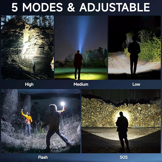 Flashlights High Lumens, Tactical Flashlight Super Bright, USB-C Rechargeable with Battery Display, 5 Modes & Adjustable Focus, Camping Emergency Light for Outdoor Home Security