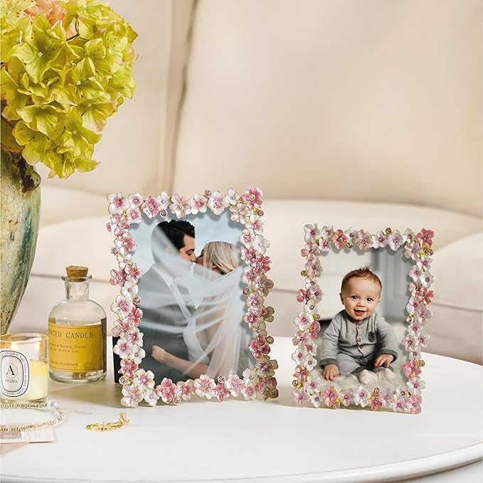 Pink Flower Picture Frame 5x7 Blossom Photo Frame for Tabletop Display, Decorative Flower Design Home Decor