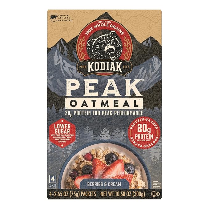 Kodiak Cakes Peak Instant Oatmeal Packets, Berries & Cream, High Protein,100% Whole Grains, 6 box with 4 packets each (Total of 24 packets)
