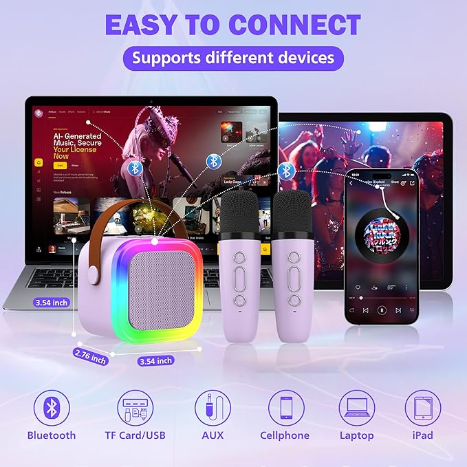 Mini Karaoke Machine for Kids Adults, Portable Bluetooth Speaker with 2 Wireless Microphones,Toys Birthday Gifts for Girls Ages 4, 5, 6, 7, 8,9,10,11,12+ Family Home Party (Purple)