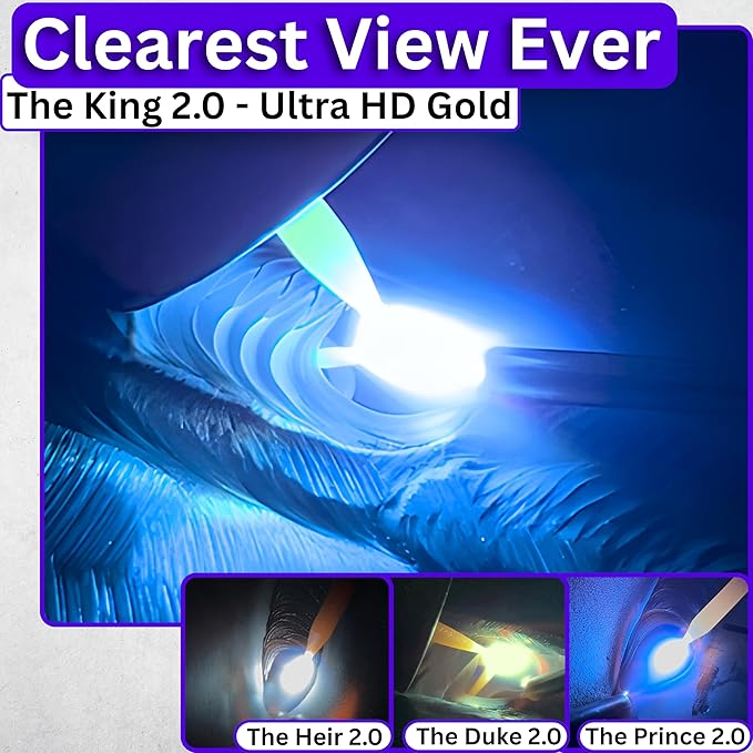 The King Single 2.0 | Shade 9 Gold Auto Darkening Welding Lens | 20A TIG Rating - No Flashing | 2" X 4.25" X 0.2" | Gold Welding Lens - Blue Puddle | Ridge Products Royal Series 2.0