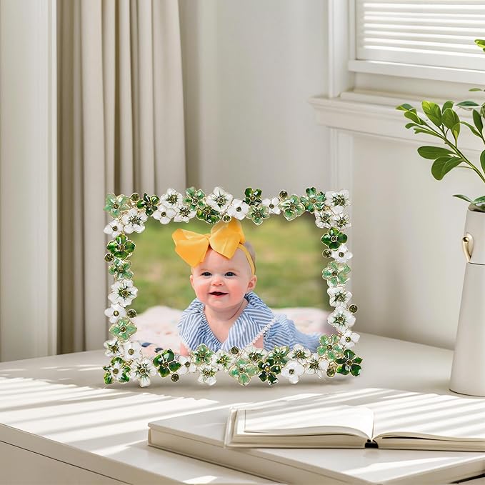 Green Flower Picture Frame 5x7 Blossom Photo Frame for Tabletop Display, Decorative Flower Design Home Decor