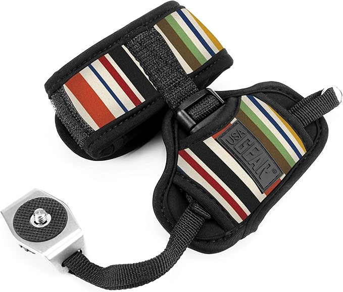 USA Gear DualGRIP Professional Grip Camera Hand Strap with Neoprene Design and Metal Plate - Compatible with Canon, Fujifilm, Nikon, Sony, and more DSLR, Mirrorless, Point & Shoot Cameras (Striped)